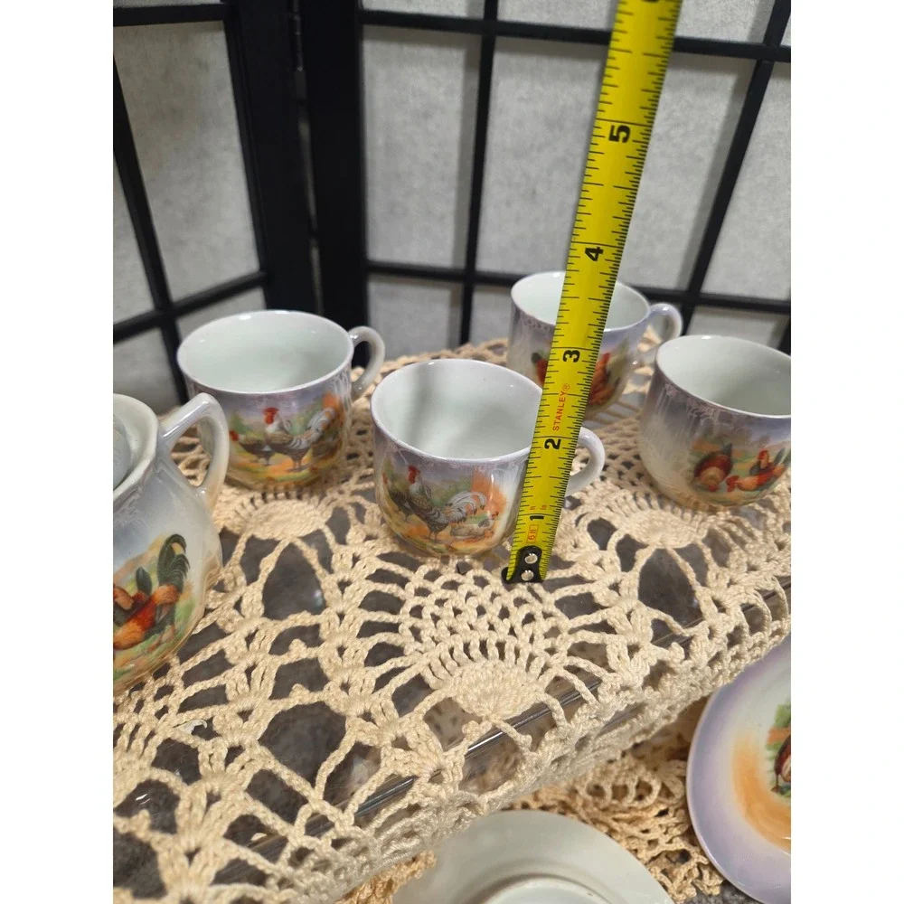 Vintage Germany 282 Lusterware Rooster Tea Set Miniature Sugar Bowl Cups Plates